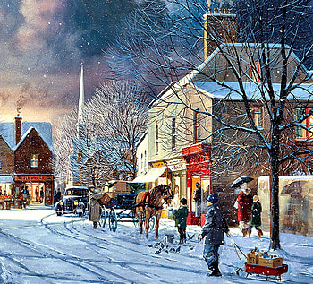 Winter Street Scene F1C, winter, architecture, art, beautiful, cityscape, artwork, scenery, wide screen, stores, painting, snow HD wallpaper