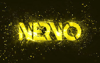 Nervo yellow logo, , Australian DJs, yellow neon lights, Olivia Nervo, Miriam Nervo, yellow abstract background, Nick van de Wall, Nervo logo, music stars, Nervo HD wallpaper