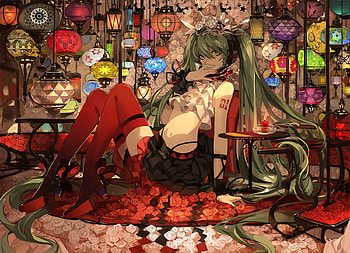 Hatsune Miku, colorful, saberiii, girl, vocaloid, anime, red, lantern, manga HD wallpaper