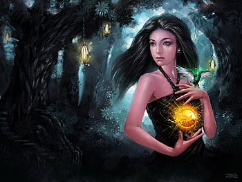 Lovely Magician, night, glowing, bird, lanterns, ball, magician, lovely, forest HD wallpaper
