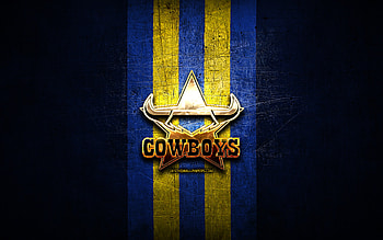 North Queensland Cowboys, golden logo, National Rugby League, blue metal background, australian rugby club, North Queensland Cowboys logo, NQ Cowboys logo, rugby, NRL, NQ Cowboys HD wallpaper