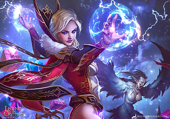 Fantasy girl, blue, eric guerrero, craciun, girl, hand, fantasy, red, magical, christmas, luminos HD wallpaper