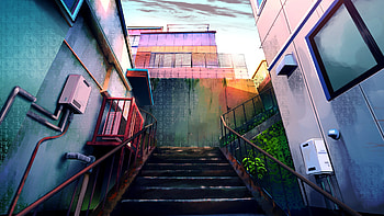 Town, apartments, city, stair, anime HD wallpaper