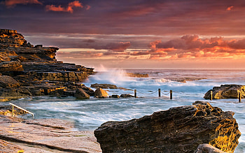 spectacular pool in rocky seashore, sea, shore, pool, rocks, sunset HD wallpaper