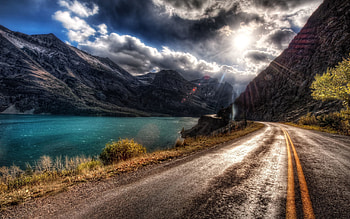Nature, Rivers, Sun, Clouds, Shore, Bank, Glare, Shine, Light, Road, Markup, Asphalt, Lines, Paint, Volumetric, Voluminous, Noon, Double Solid HD wallpaper