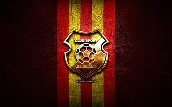 Herediano FC, golden logo, Liga FPD, red metal background, football, Costa Rican football club, CS Herediano logo, soccer, Costa Rica Primera Division, CS Herediano HD wallpaper