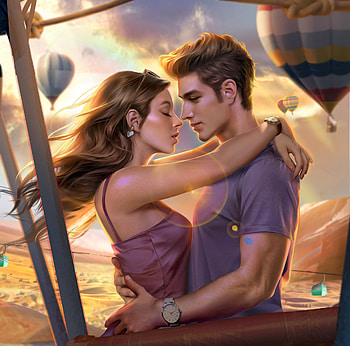 Lovers, fantasy, cheng huang, couple, girl, hot air balloon, luminos, man, valentine, yellow HD wallpaper