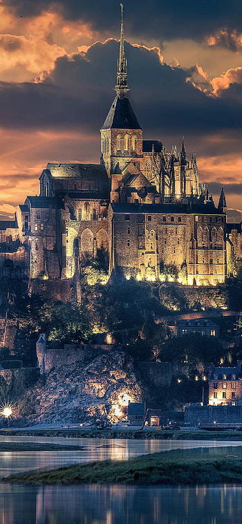 Mont Saint Michel, Sunset scenic , Enchanting castle, Beautiful backdrop HD phone wallpaper