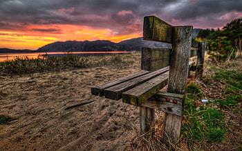 Nature, Sunset, Grass, Sand, Lake, Evening, Romance, Bench, Nails HD wallpaper