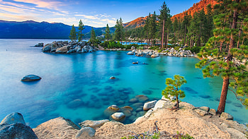 Lake Tahoe, Nevada, rocks, water, hills, clouds, trees, sky, usa HD wallpaper