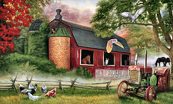 Barnyard Gathering F2, architecture, art, landscape, farm, beautiful, owl, artwork, crops, wide screen, horses, wildlife, painting, equine, tractor, planting HD wallpaper