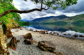 Lakescape, river, shore, reflection, trees, view, beautiful, riverbank, mountain HD wallpaper