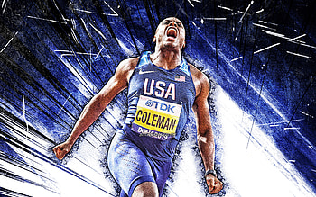 Christian Coleman, grunge art, american sprinter, athlete, USA National Team, blue abstract rays, athletics, Christian Coleman HD wallpaper