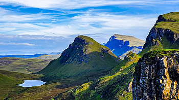 The Quiraing, Isle of Skye, Scotland, sky, hills, rocks, sea, landscape, clouds HD wallpaper