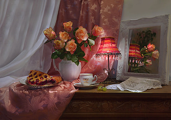 Still life, Lamp, Roses, Reflection, Pie HD wallpaper