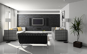 A sleek and modern living room with minimalist decor and monochrome theme. HD wallpaper