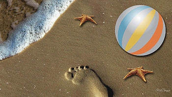 Footprint, sea, summer, sand, star fish, water, beaqch, beach ball HD wallpaper