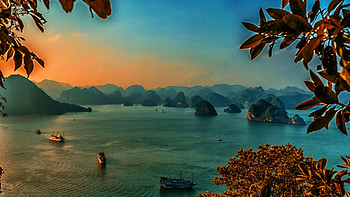 Halong Bay, Vietnam, sky, sunset, sea, hills, colors, trees HD wallpaper