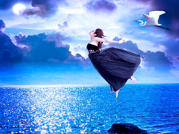 DREAM GIRL, sea, bird, moon, clouds, sky, girl HD wallpaper
