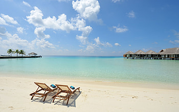 Nature, Sky, Clouds, Beach, Sand, Horizon, Chairs, Resort, Clear, I See, Relax, Bungalow, Huts, Armchairs HD wallpaper