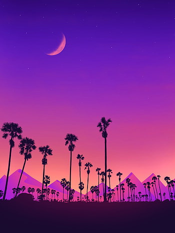 Art, Mountains, Night, Moon, Palms, Violet, Purple HD phone wallpaper
