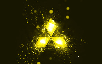 Mitsubishi yellow logo, , yellow neon lights, creative, yellow abstract background, Mitsubishi logo, cars brands, Mitsubishi HD wallpaper