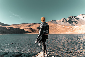 Water, Mountains, Lake, Shore, Bank, Miscellanea, Miscellaneous, Human, Person HD wallpaper