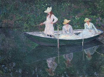 Ladies on the lake, boat, white, art, girl, lake, summer, fisher, painting, water, trio, vara, hat, claude monet HD wallpaper