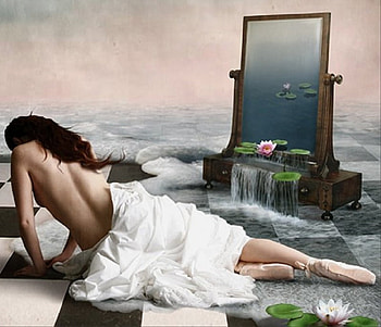 Reflections of a Fallen Dancer, mirror, abstract, fantasy, flowers, girl, water, beauty HD wallpaper