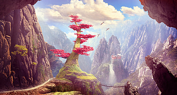 Mountain Tree Temple Fantasy Art, temple, artist, artwork, digital-art, fantasy, deviantart HD wallpaper