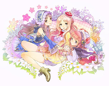 Alchemist of Arland, blue, cute, stars, long hair, beauty, lady, blonde hair, ornge, hat, female, sweet, art, soft, beautiful, pink hair, purple, pink, anime, pretty, green, yellow, red, brown hair, firends, girls, flowers, friendship, women, lovely, boots, mutlicolor HD wallpaper