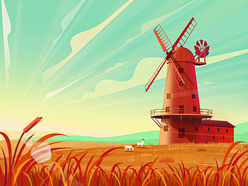 Landscape, Art, Summer, Mill, Pasture HD wallpaper
