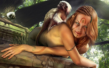 monkey on her back, sexy, babe, monkey, fantasy HD wallpaper
