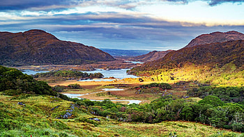 Ladies View, Co. Kerry, Ireland, coast, sea, hills, trees, clouds, landscape, sky HD wallpaper