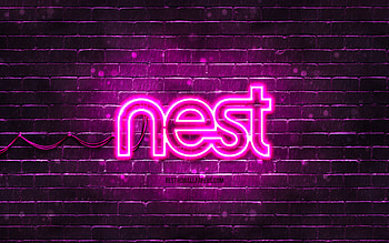 Google Nest purple logo, , purple brickwall, Google Nest logo, brands, Google Nest neon logo, Google Nest HD wallpaper