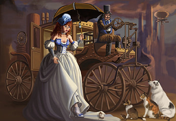 Steampunk Cinderella, dogs, cinderella, steampunk, carriage HD wallpaper