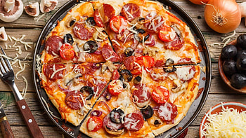 Delicious pizza, Top view perspective, Cheesy goodness, Appetizing slice HD wallpaper