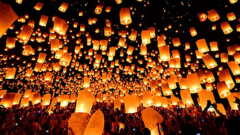Floating lanterns festival, Mesmerizing colors, Nighttime wonder, Reflective beauty HD wallpaper