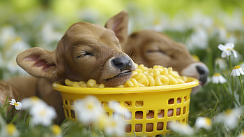 Cute Calves in Basket with Macaroni, calf, basket HD wallpaper