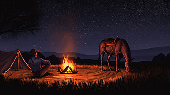 Watching The World Pass By With Horse, artist, artwok, art, digital-art, horse, stars, bonfire, artwork, artstation HD wallpaper