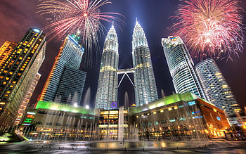 Building, Malaysia, Tower, Skyscraper, Kuala Lumpur, , Petronas Towers, City, Fireworks, Fountain HD wallpaper