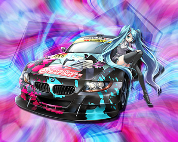 Goodsmile Racing, car, cute, vocaloid, long hair, dress, miku, abstract, vocaloids, female, sexy, neon light, hatsune miku, motorcar, hot, girl, diva, anime girl, neon, anime, aqua hair, aqua eye, idol HD wallpaper