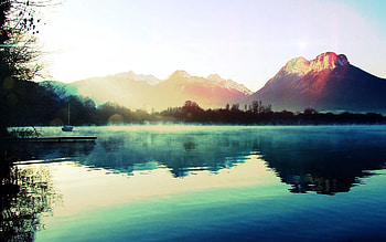 Nature, Mountains, Dawn, Lake, Pier, Morning, Cool, Boat, Haze, Steam, Cutter, Coolness HD wallpaper