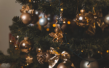 Christmas, Happy New Year, Christmas decorations on the tree, golden angel, Christmas tree, evening, Happy Christmas HD wallpaper