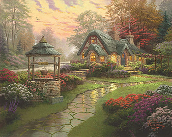 :), thomas kinkade, art, painting, house, pictura, fountain, cottage HD wallpaper