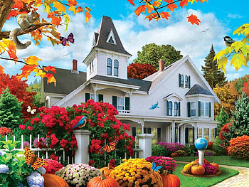 October Skies, flowers, white, house, pumpkins, birds, autumn HD wallpaper