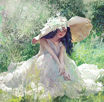 Spring, art, fantasy, luminos, xintong chen, girl, hat, white, dress, green HD wallpaper