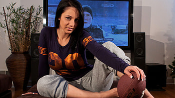 Nikki Sims, blue, football, lips, sensual, brown eyes, sexy, sweet, white, model, brunette, smile, gorgeous, hot, beautiful, orange, woman, gray, sweat suite, hop, body, red, face, hottie, hair HD wallpaper