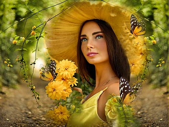 Natures Beauty, colorful, golden, white, vibrant, girl, dress, butterflies, vivid, green, yellow, bright, bold, flowers, forest, hat HD wallpaper
