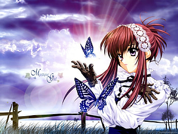 Mystique-girl, glove, cute, long hair, dress, scenery, abstract, butterfly, wing, scenic, cloud, female, sexy, wings, scene, purple eye, hot, girl, grass, anime girl, anime, fantasy, light, brown hair, sky HD wallpaper